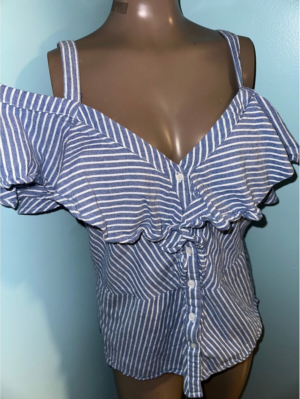 Thread Story Blue Striped Y2K Boho Off-Shoulder Blouse L
